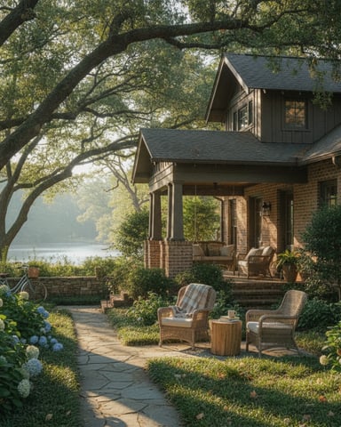 Brick house with covered porch overlooking a lake, surrounded by mature oak trees and landscaped gardens with seating areas.