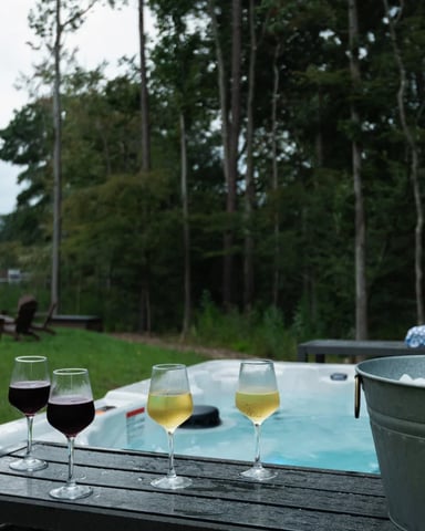 Outdoor table with wine glasses and ice bucket overlooking grassy yard with tall pines and fire pit area