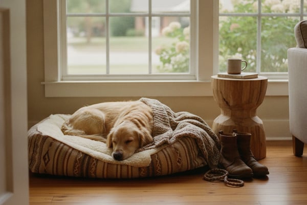 Golden retriever sleeping on striped dog bed by large windows overlooking garden, wooden side table with mug nearby